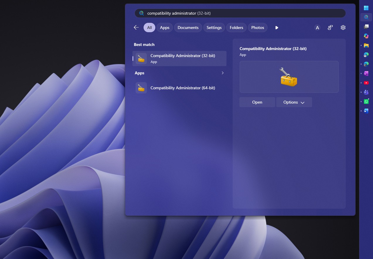 Compatibility Administrator 32 bit in Start