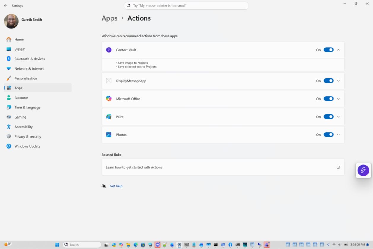 Context Vault's actions in Settings > Apps > Actions still use the older Projects name.