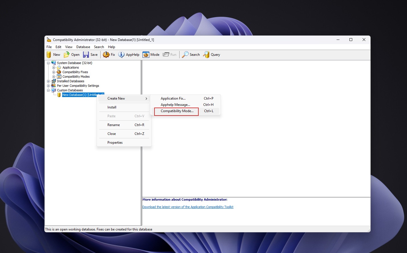 Creating a new database of Compatibility Mode