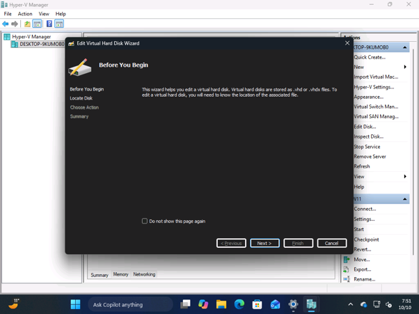 Hyper-V Edit Virtual Hard Disk Wizard in dark mode