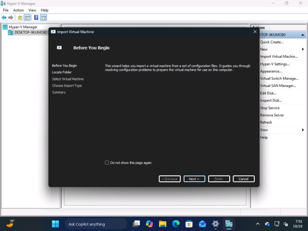 Hyper-V Import Virtual Machine wizard in dark mode