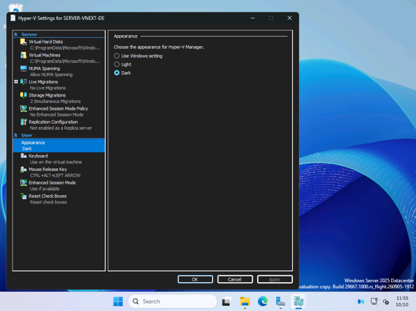 Hyper-V appearance settings with Dark selected on a Windows Server preview build