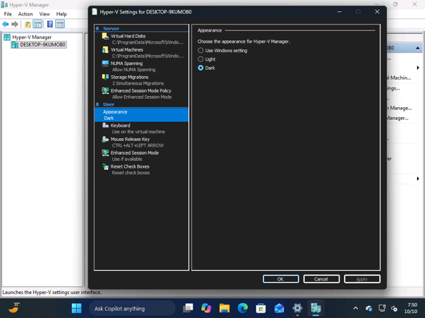 Hyper-V Settings Appearance page with Use Windows setting, Light and Dark options