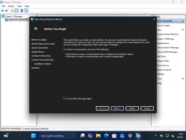 Dark New Virtual Machine Wizard over the light Hyper-V Manager window