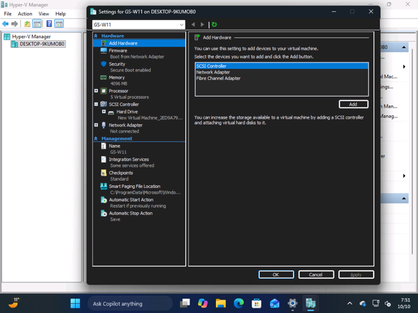 Hyper-V virtual machine settings showing the Add Hardware page in dark mode