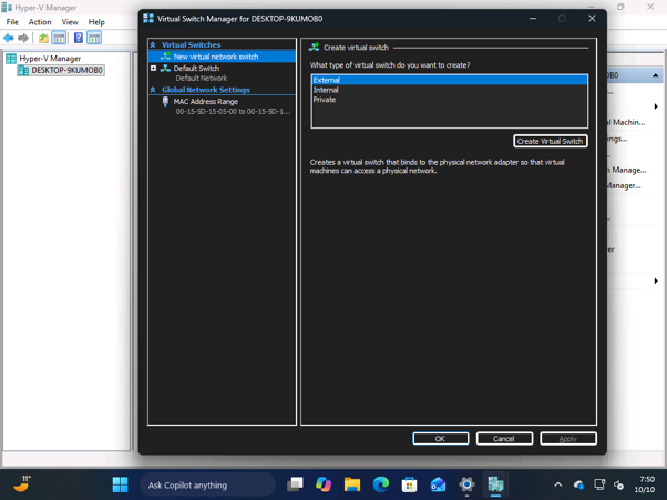 Hyper-V Virtual Switch Manager in dark mode with external, internal and private switch options