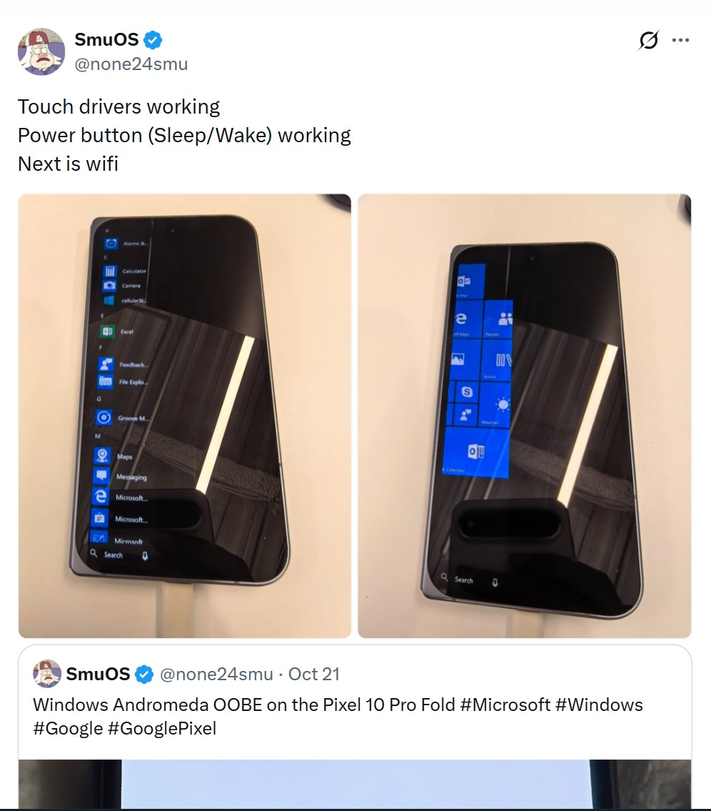 Developer SmuOS ran Windows Andromeda on the Pixel 10 Pro Fold
