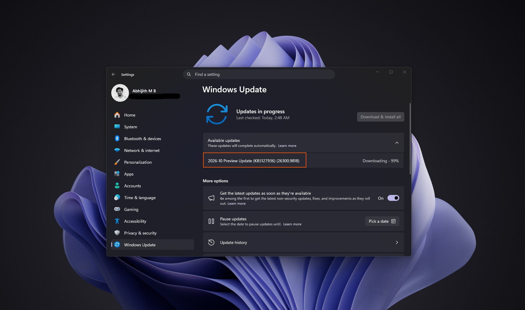 Downloading Windows 11 Optional update for October 2026