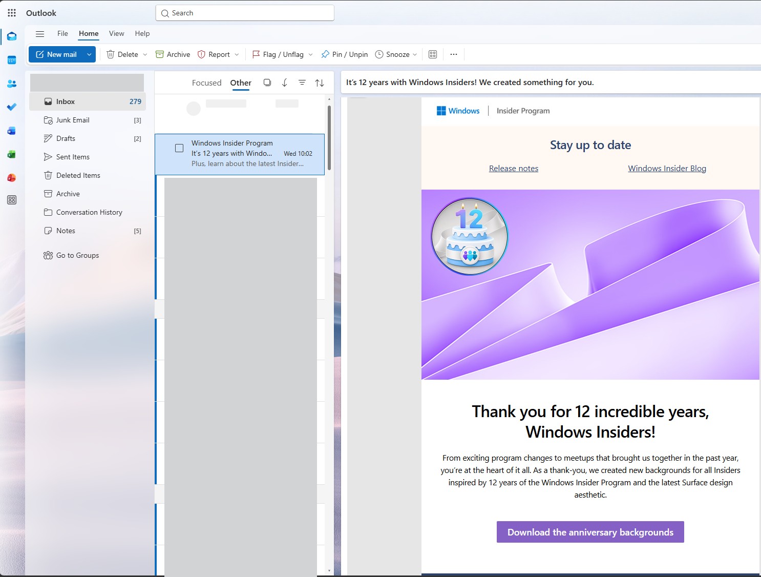 Email from Windows Insider Program with new anniversary wallpapers
