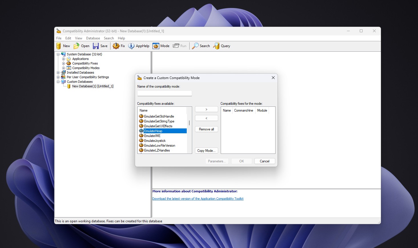 EmulateHeap in Compatibility Administrator’s list of compatibility fixes on Windows 11 26H2