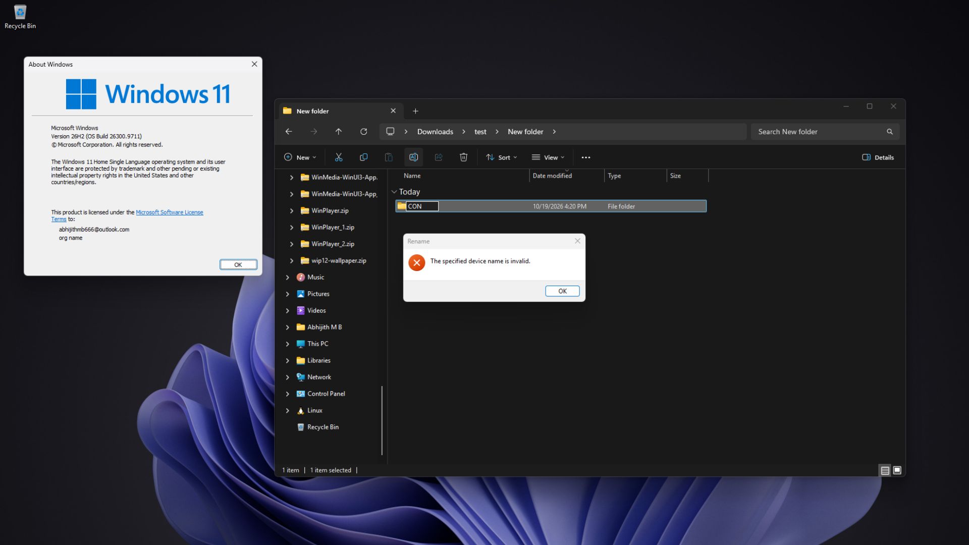File Explorer on Windows 11 26H2 showing an error after trying to rename a folder to CON