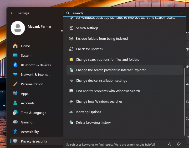 Internet Explorer in Windows Search results