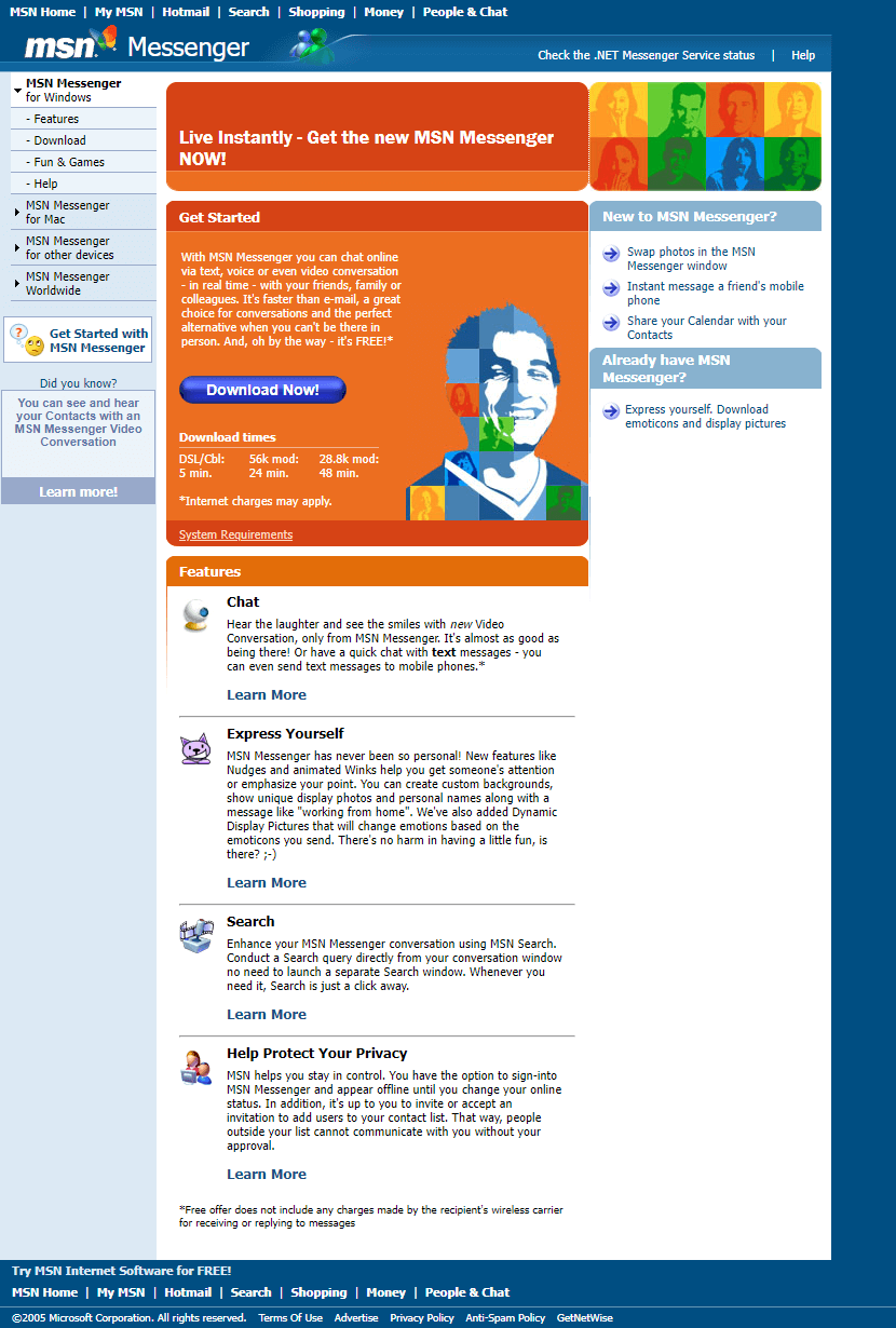 MSN Messenger website in 2005