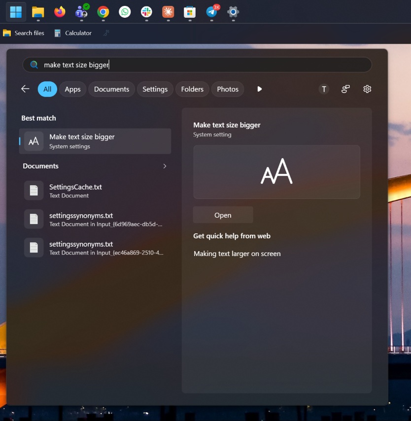 Make text size bigger in Windows Search