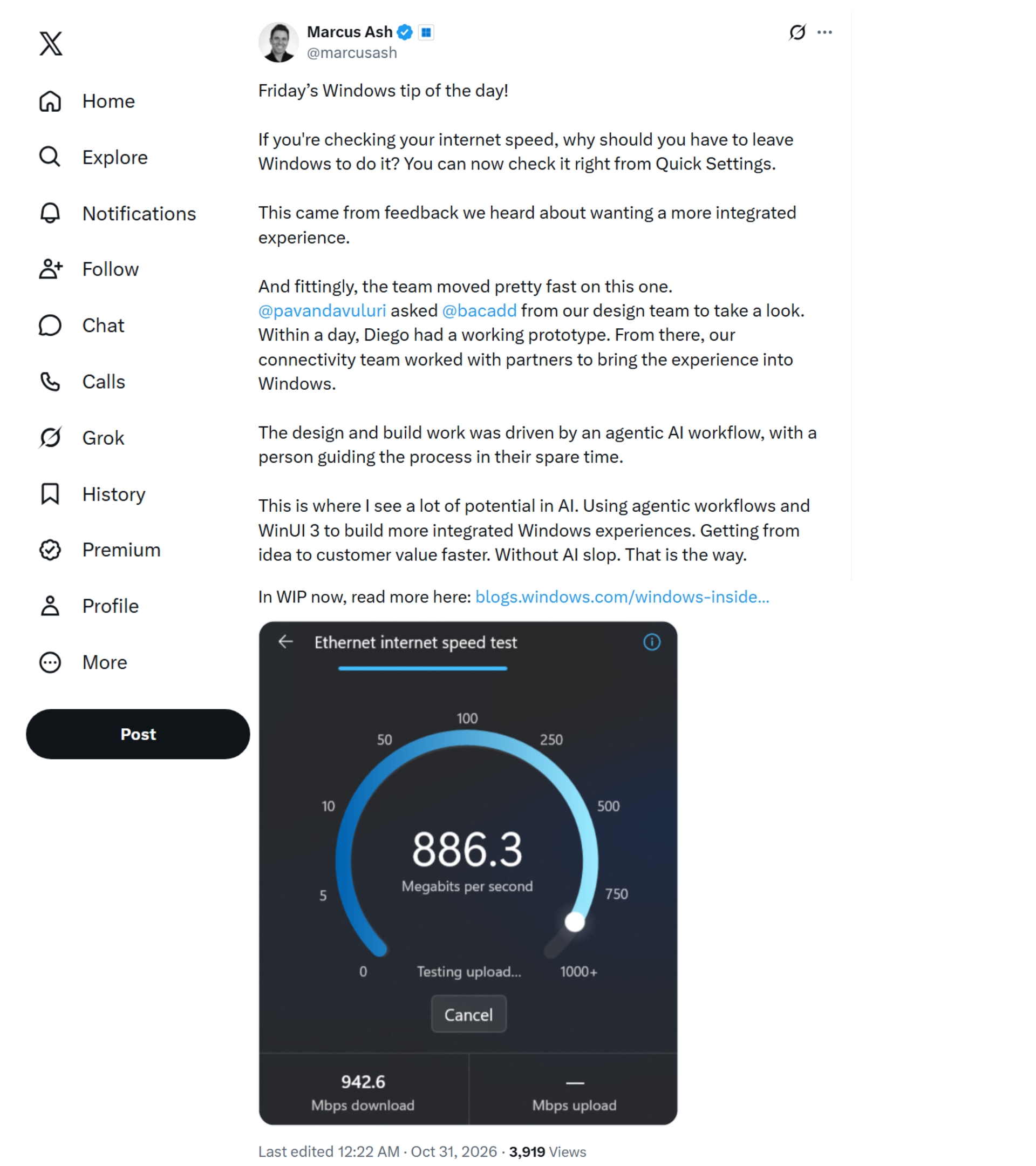 Marcus Ash X post about new Speed test shortcut being made by AI