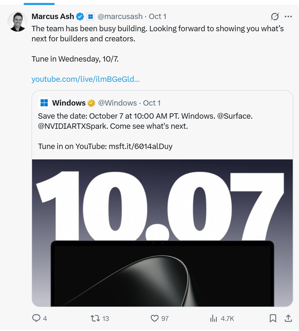 Marcus Ash repost about Windows and Surface event on October 7