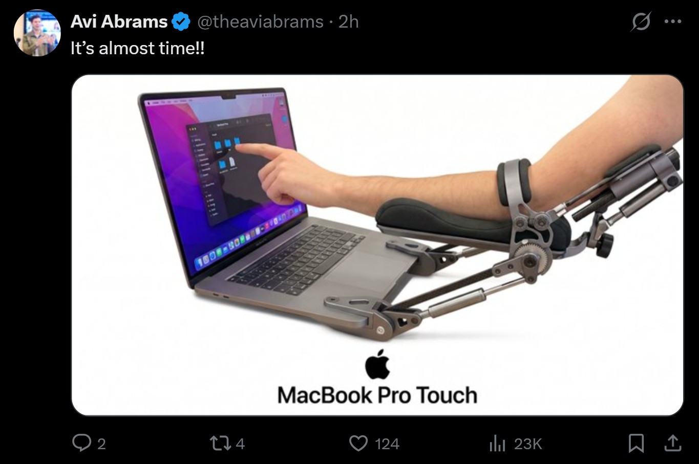Meme about how the Apple folks thought for 15 years about how people use touchscreens on laptops