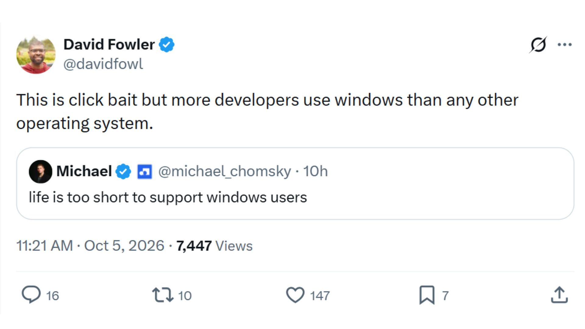 Microsoft Engineer fights back at rage-bait post, says more developers use Windows