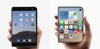 Microsoft Surface Duo and Apple iPhone Duo side by side, six years apart
