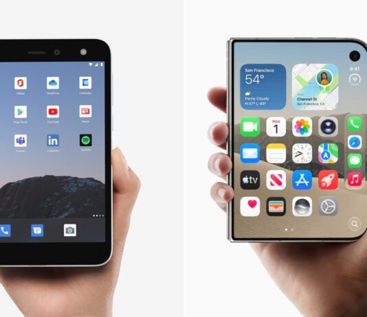 Microsoft Surface Duo and Apple iPhone Duo side by side, six years apart
