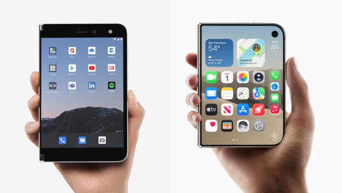 Microsoft Surface Duo and Apple iPhone Duo side by side, six years apart Microsoft Surface Duo and Apple iPhone Duo side by side, six years apart