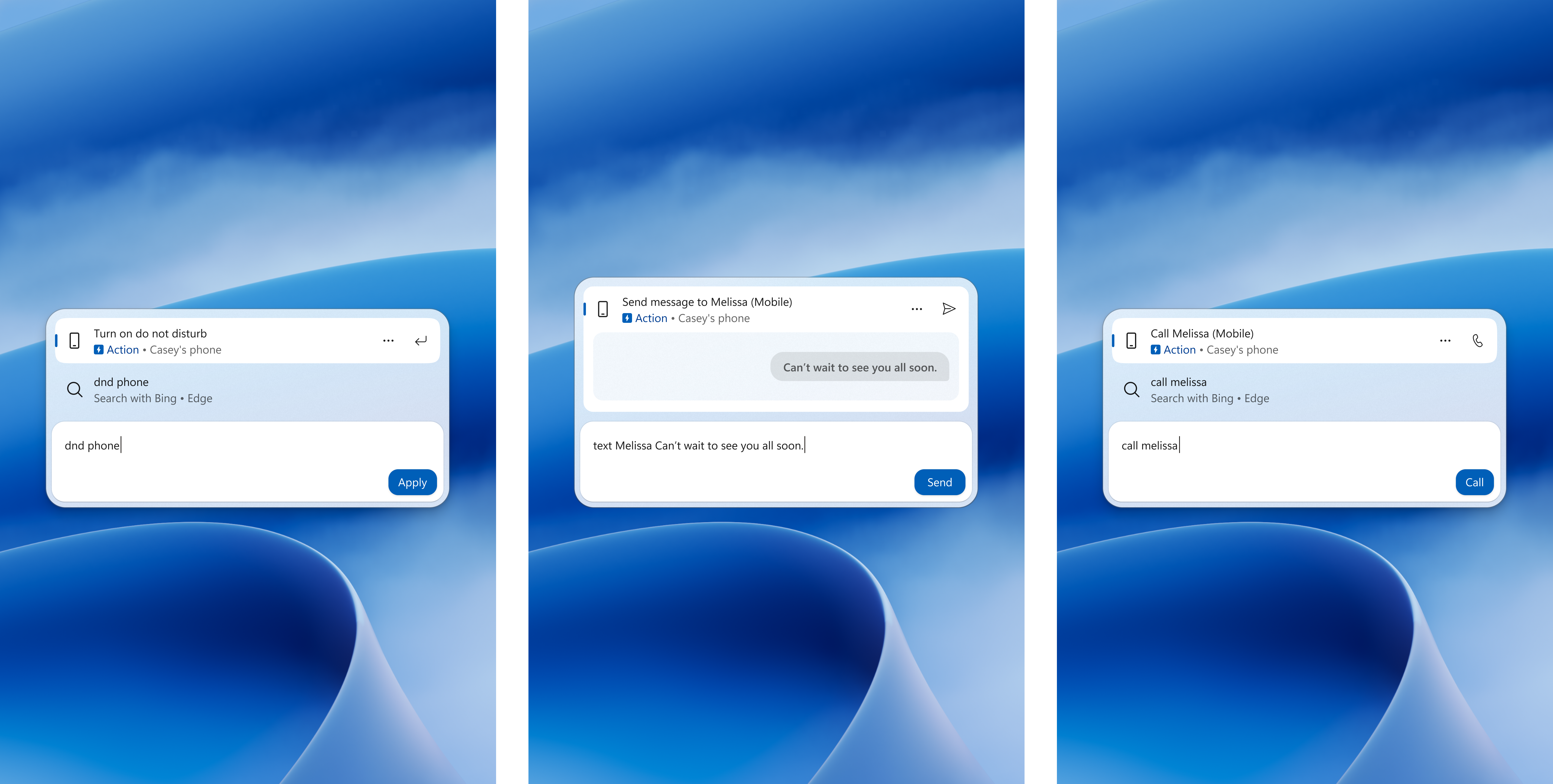 Microsoft's screenshot of phone actions in Windows Search.