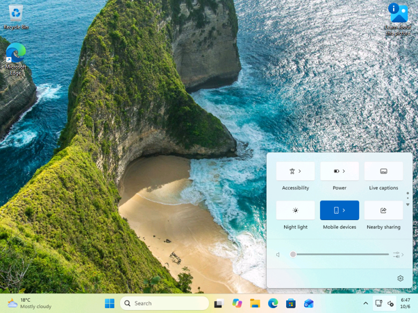 The new Mobile devices tile in Windows 11 Quick Settings before a phone is linked.
