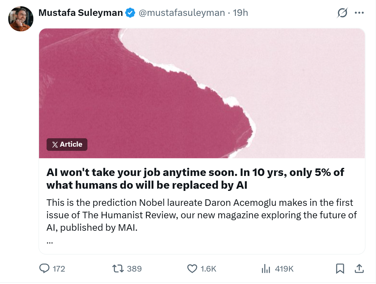 Mustafa Suleyman shares a forecast that only 5% of human work will be replaced in 10 years