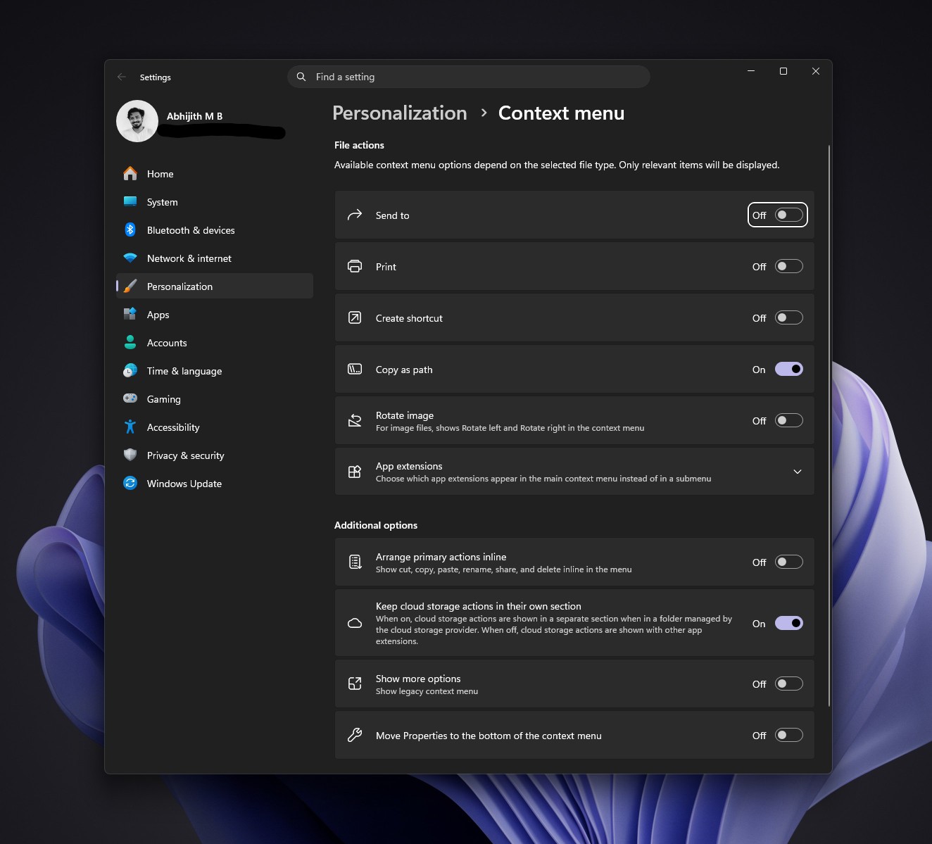 New Context Menu settings page
