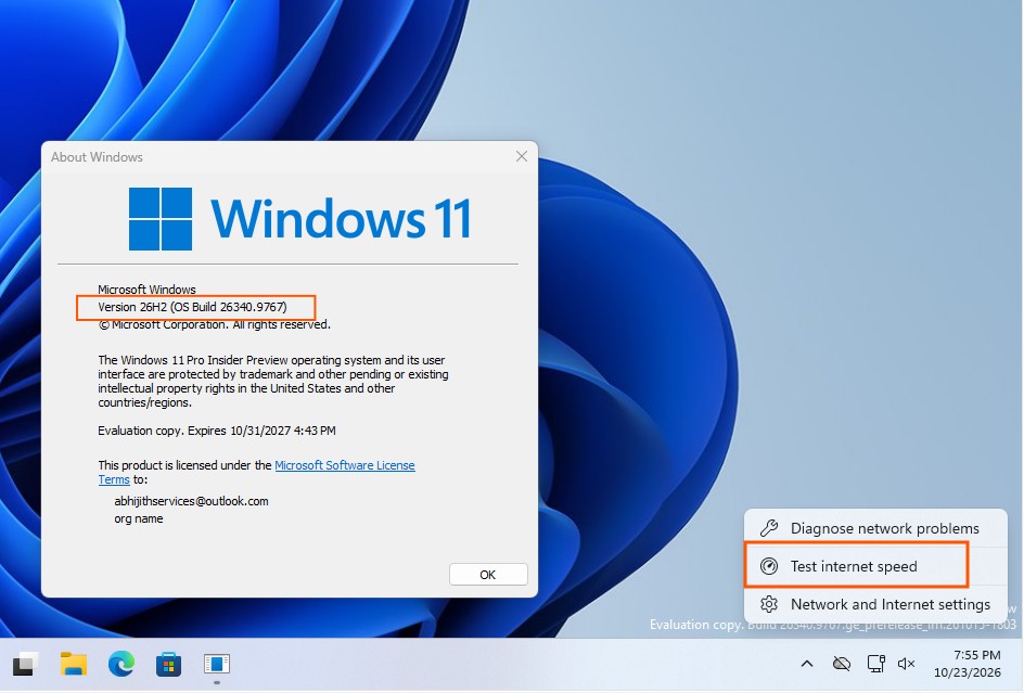 New Test internet speed shortcut in Windows 11 26H2 Insider Build 26340.9767