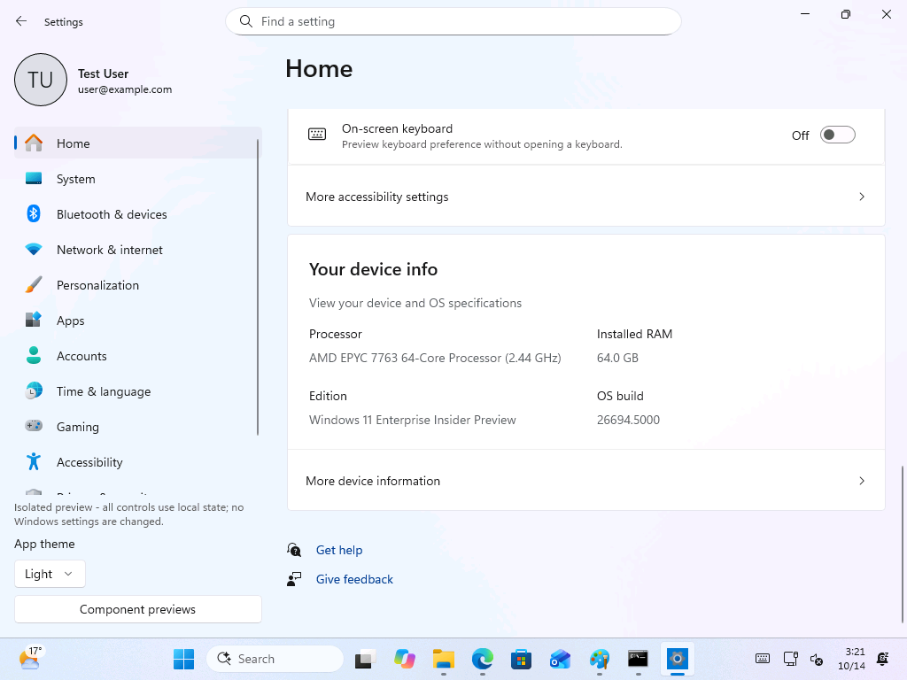 Dummy device info in preview mode, including a 64-core AMD EPYC processor and build 26694.5000. 
