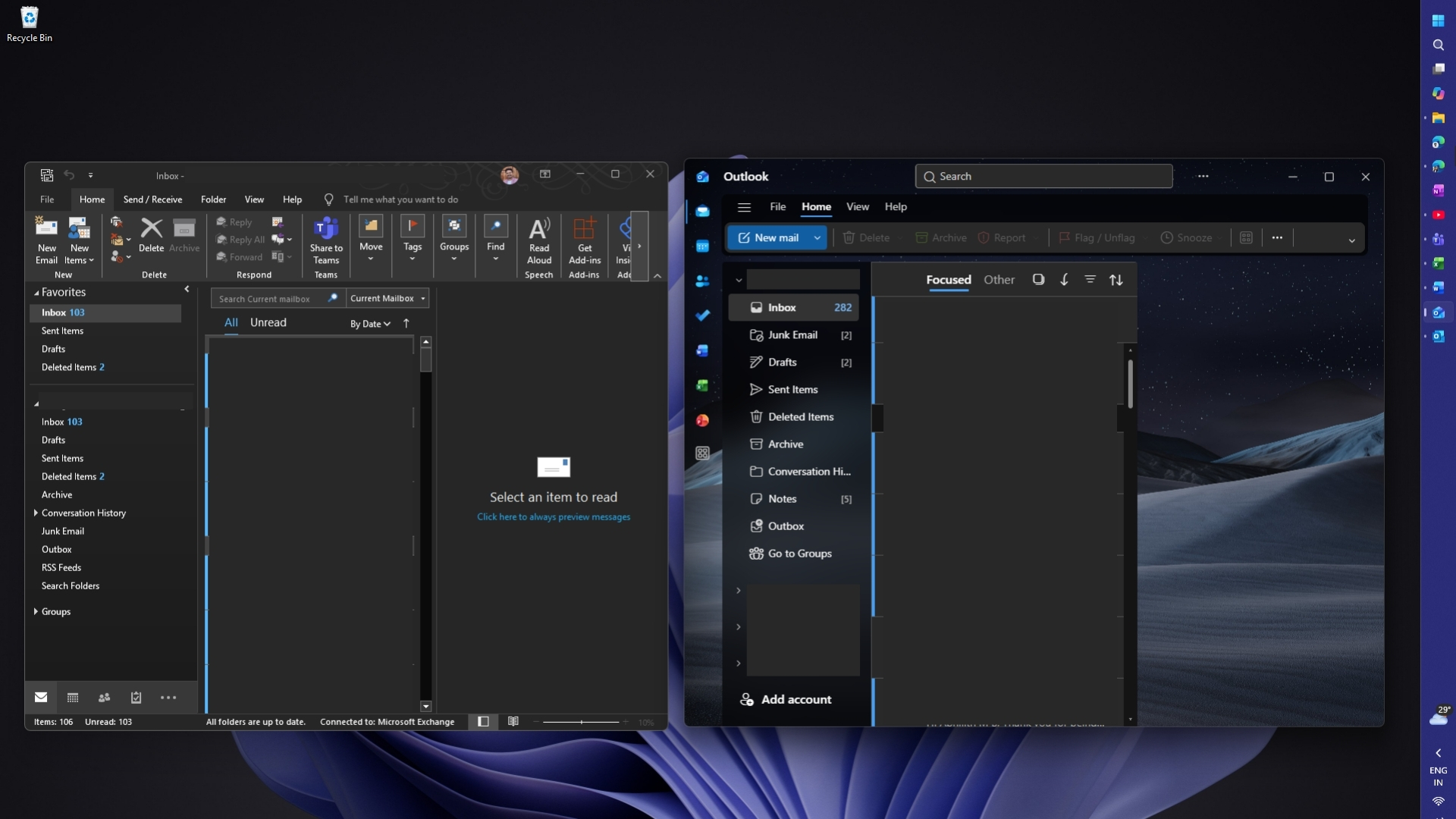 Outlook Classic and Outlook New side by side