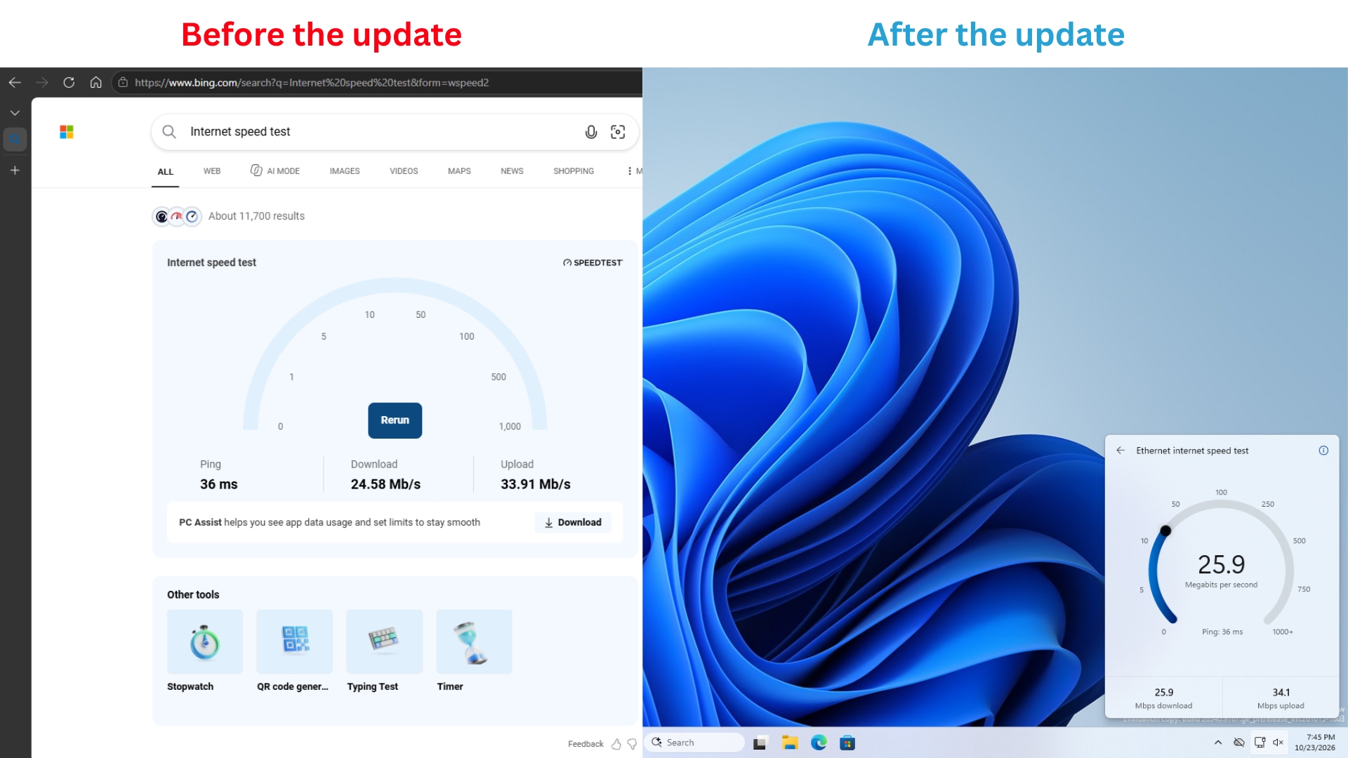 Previously, Speed test shortcut in Windows 11 took you to the browser, now it works as a flyout