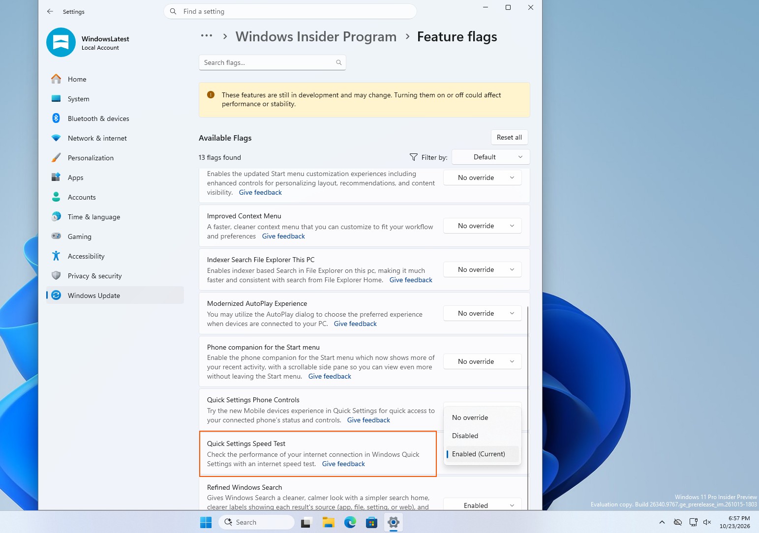 Quick Settings Speed Test in Feature flags for Windows Insider Experimental Channel