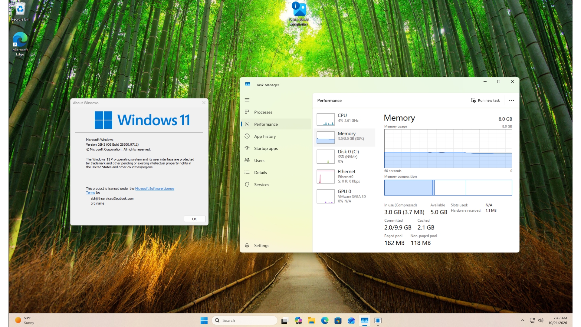 Approximately 3GB of RAM in use on a clean Windows 11 26H2 virtual machine with 8GB of memory