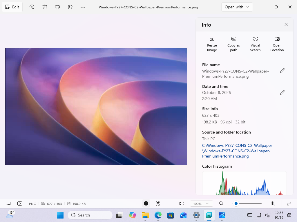 The Info panel in Photo Viewer with file details and a color histogram.