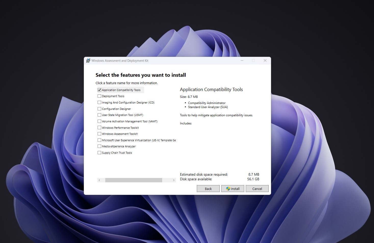 Selecting Application Compatibility Tools in Windows Assessment and Deployment kit