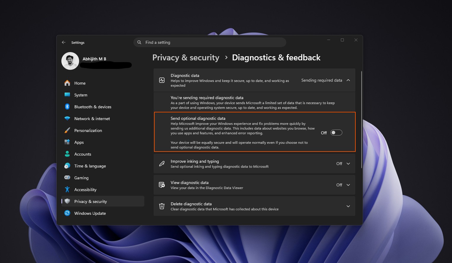 Send optional diagnostic data option turned off in Windows Settings