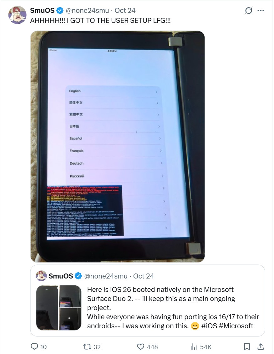 SmuOS reached the iOS 26 setup screen on the Surface Duo 2 on October 24