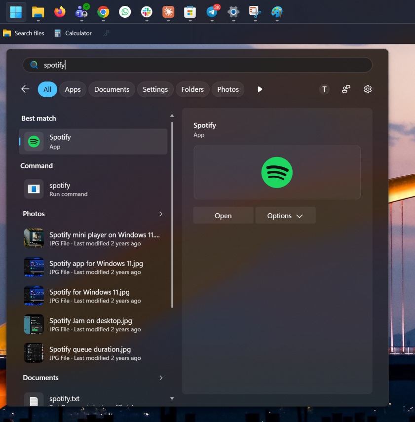 Spotify search result in Windows 11