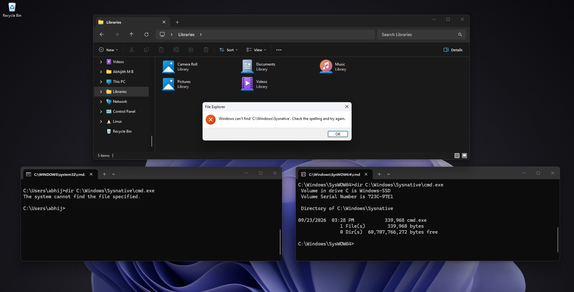 Sysnative only works for 32-bit apps, so 64-bit File Explorer can’t find it