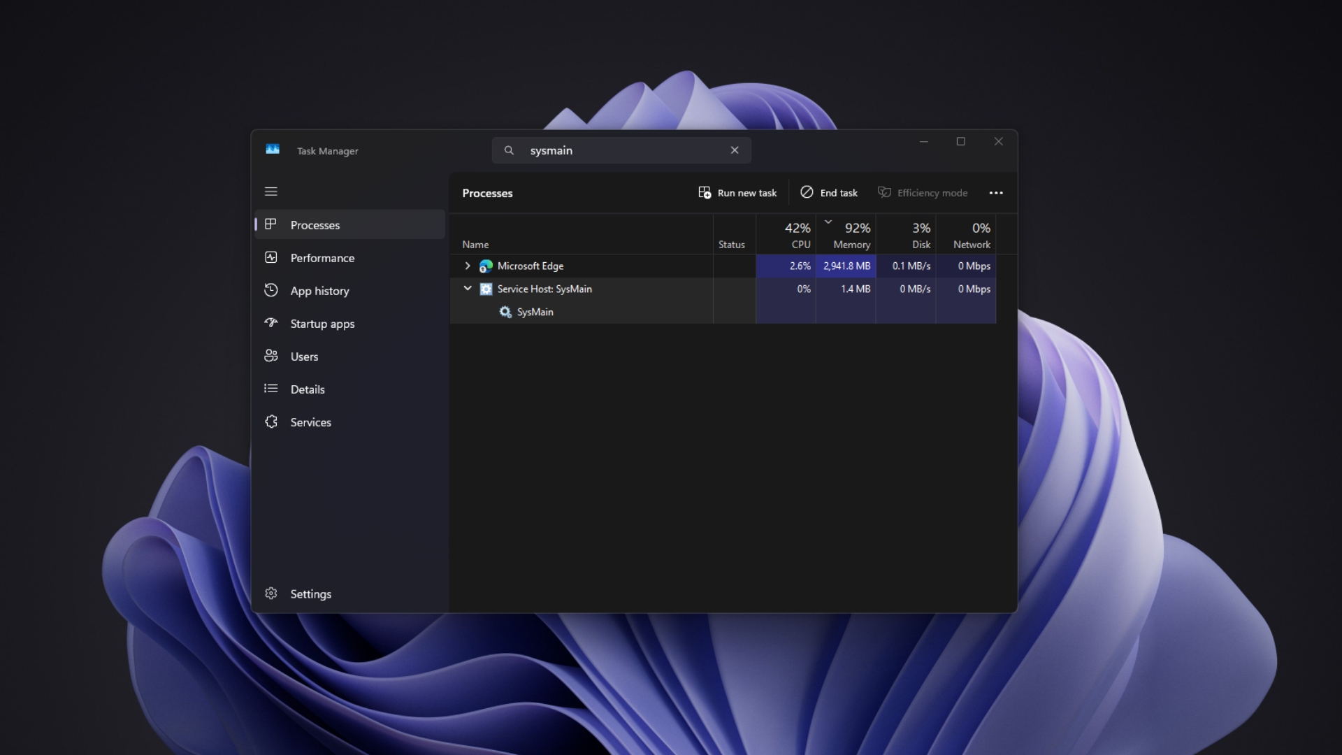 Task Manager showing Service Host SysMain with CPU, Memory and Disk columns