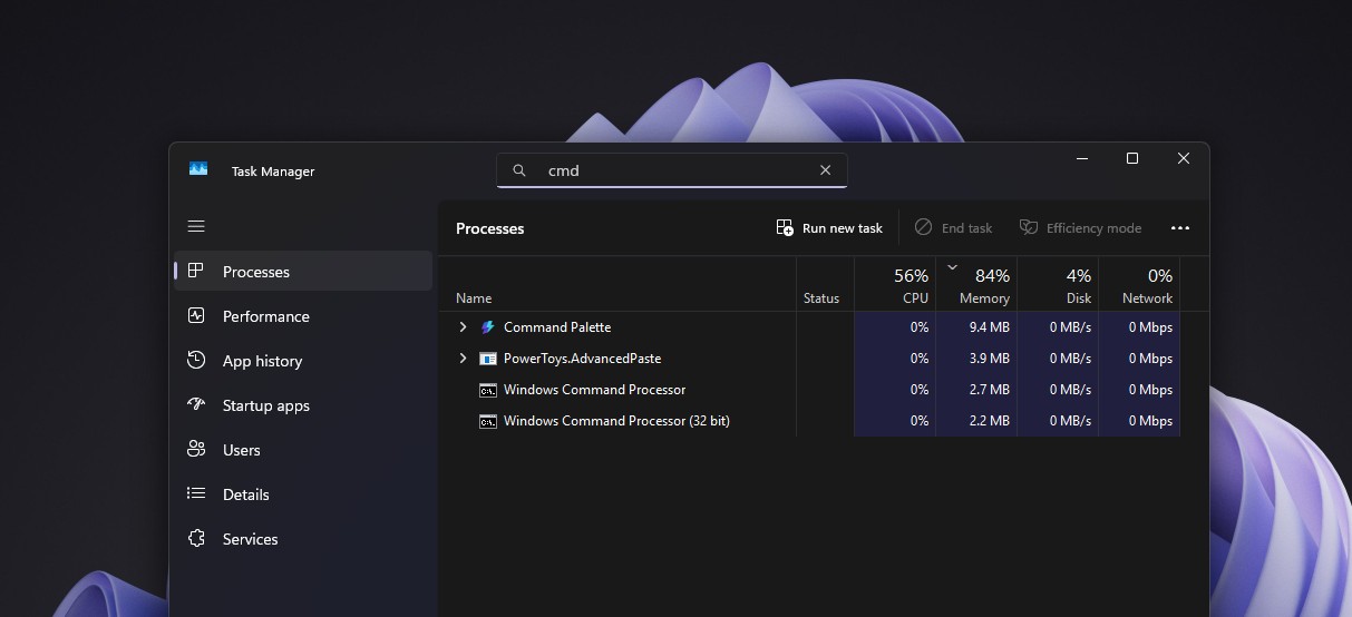 Task Manager shows which Command Prompt runs as a 32-bit process