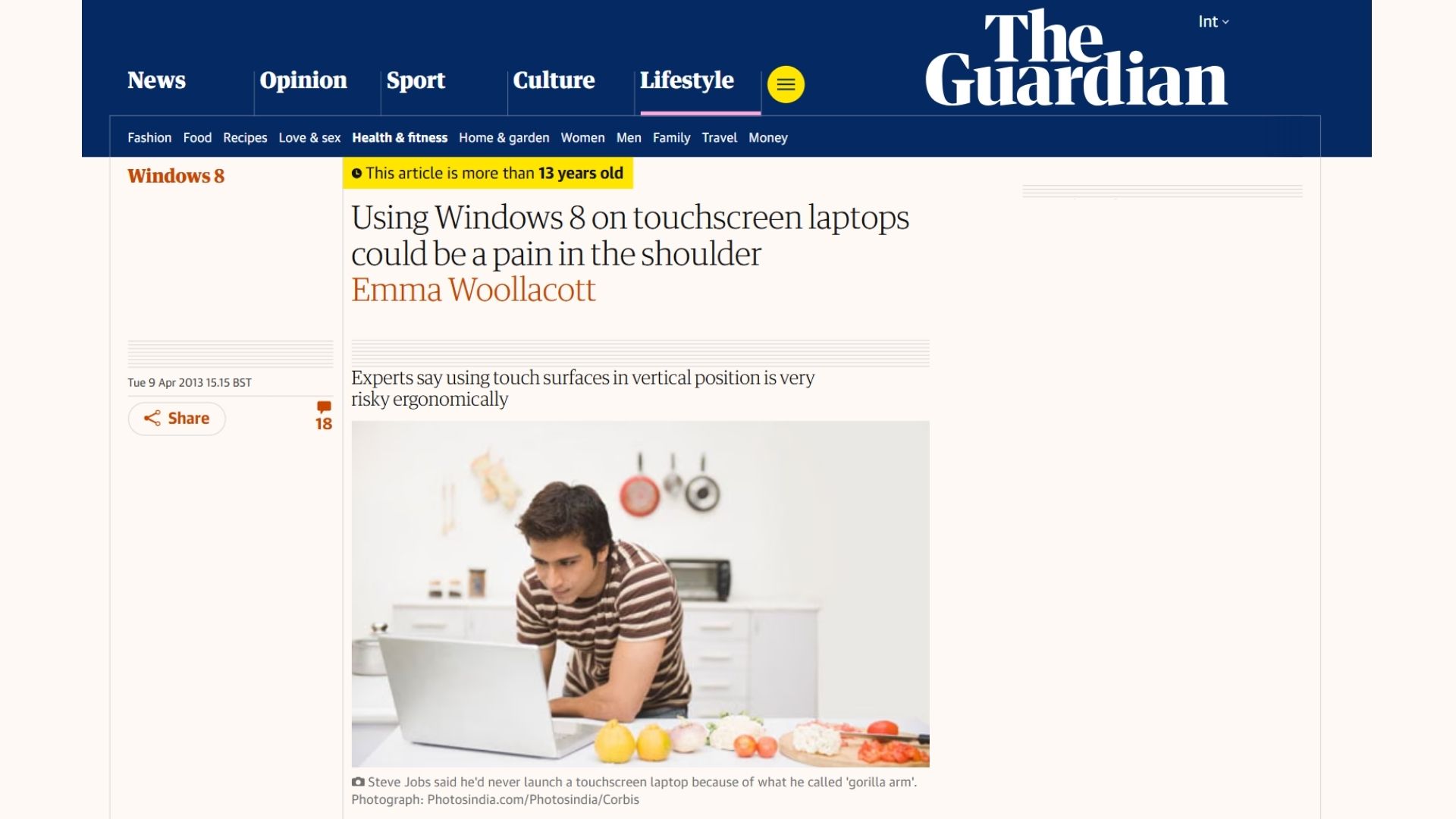 The Guardian headline from 13 years ago dismissing touchscreens in Windows 8