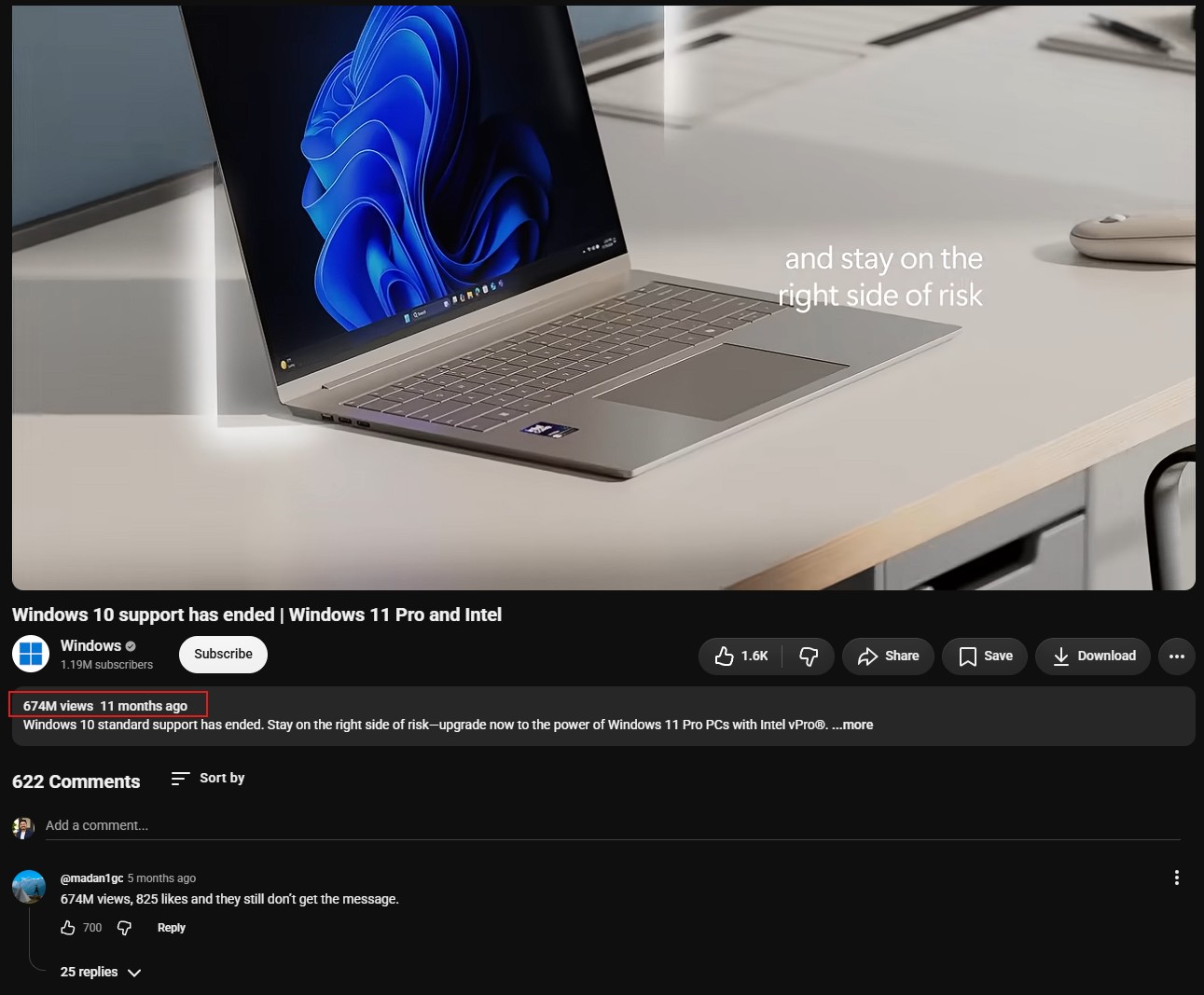 The most viewed YouTube video in Windows official channel tells to move to Windows 11