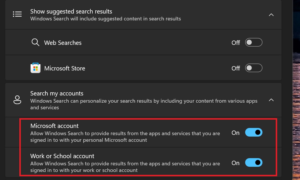 Turn off Microsoft account in Search