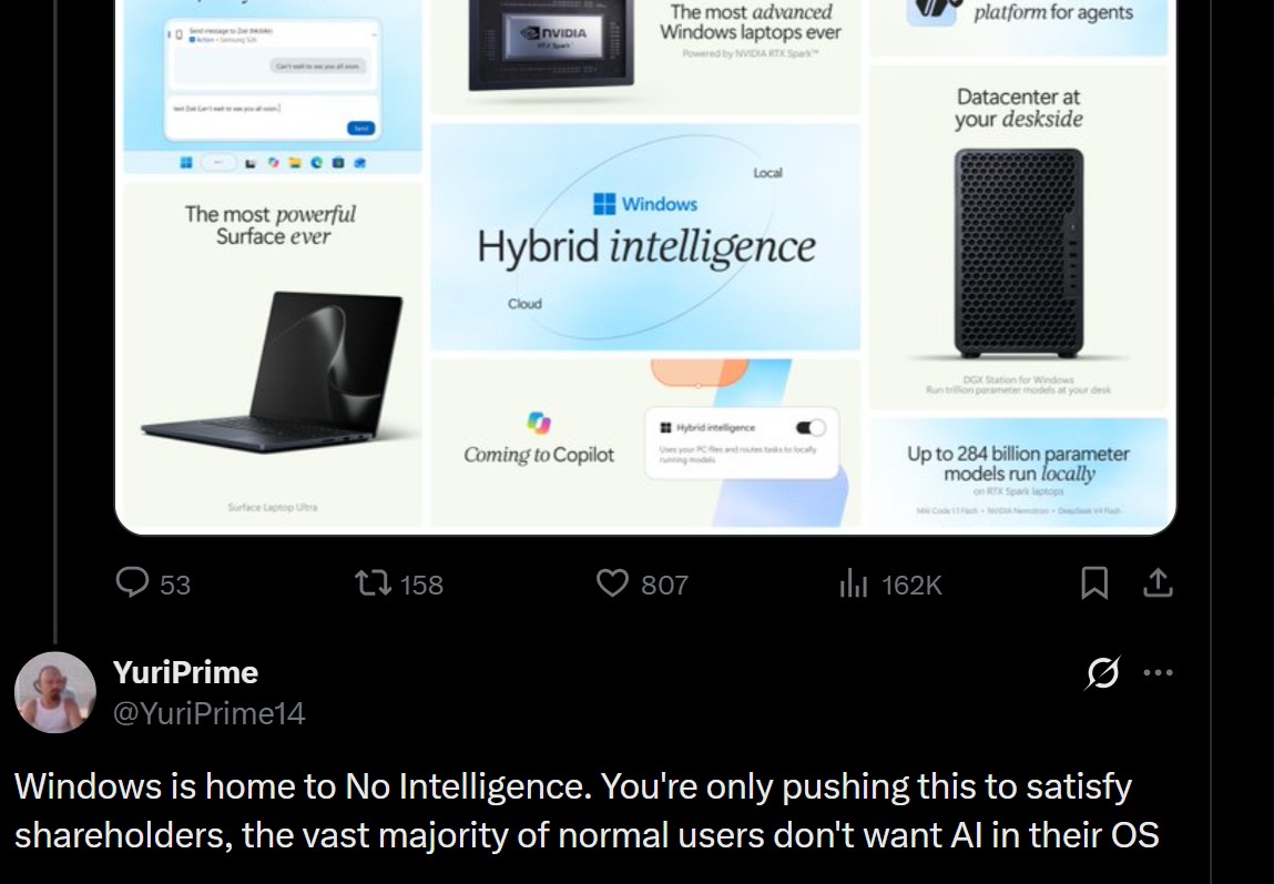 User making it clear that they don't want any more ai in Windows
