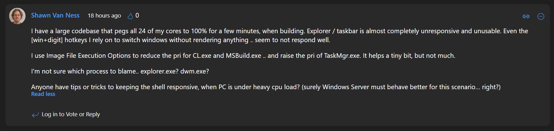User says increasing Task Manager priority didn't help