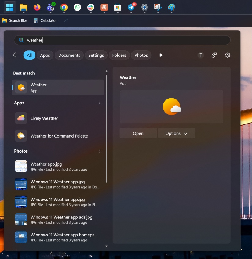 Weather in Windows Search