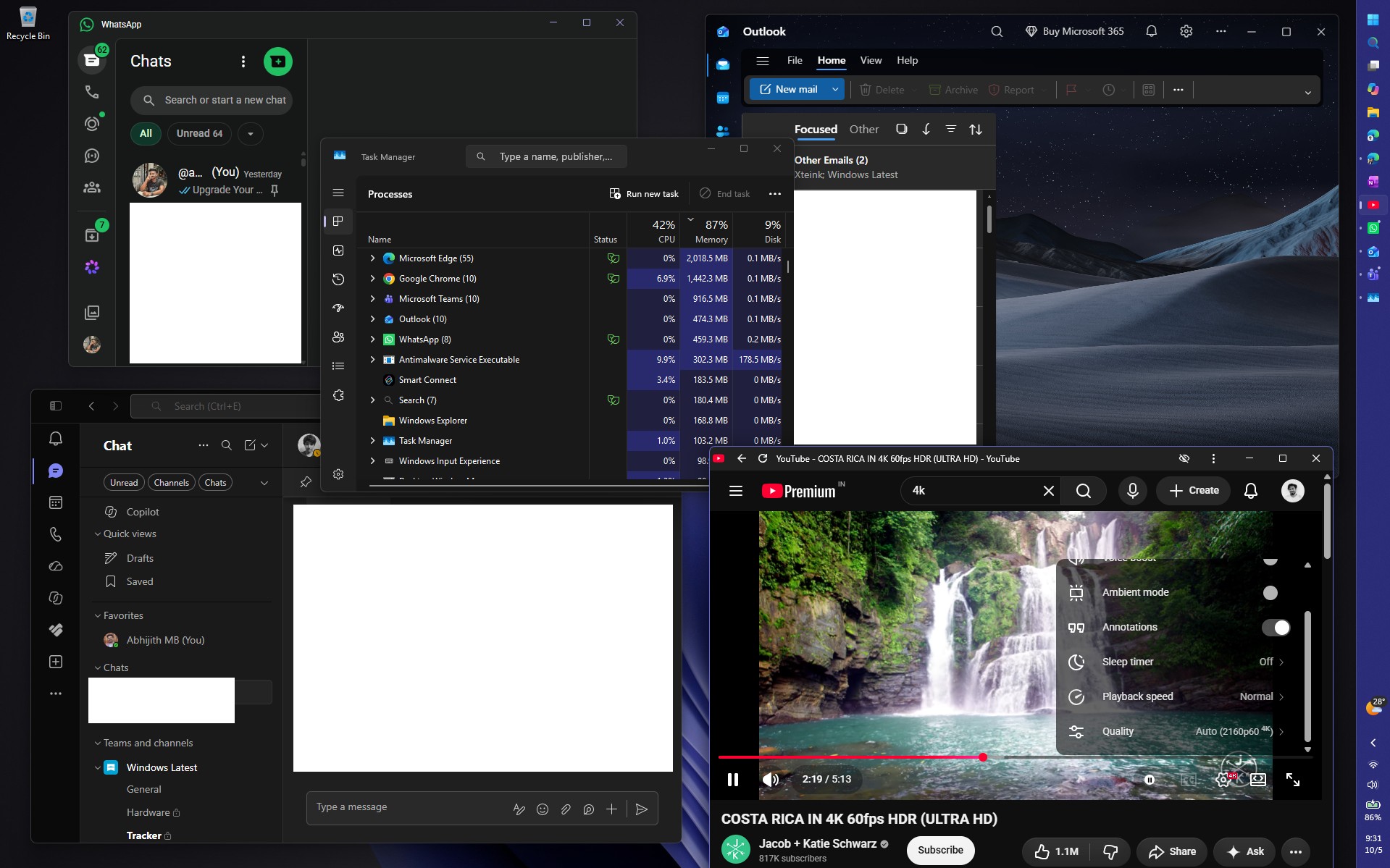 WhatsApp, Teams, Outlook running with YouTube playing 4K 60fps video and still the RAM didn't cross 90%